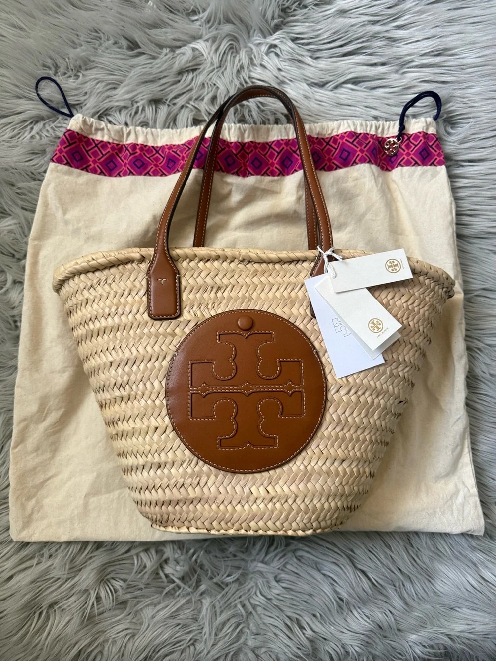 TORY BURCH Ella Straw Basket Tote in Color Natural / Classic Cuoio NWT